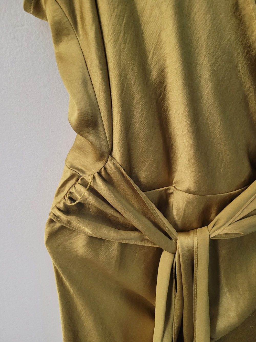 Zara Olive Satin Strapless Wrap Y2k Fluid  Dress with Side Sash - Picture 3 of 7